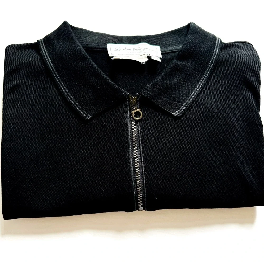 Salvatore Ferragamo Black Cotton Pique Logo Polo Shirt with Logo 3/4 Zipper XXL - Picture 3 of 13